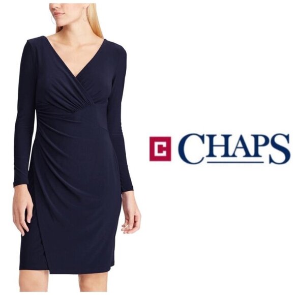 Chaps Womens Navy Blue V Neck Long Sleeve Jersey Knit Faux Wrap Dress Sz S New - Picture 3 of 4